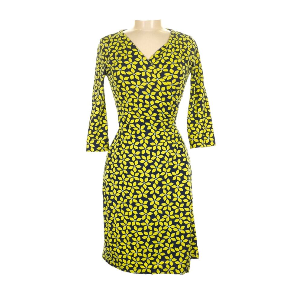 Diane Von Furstenberg Yellow Navy Geometric Floral Wrap Cocktail Dress Size 6 - Picture 2 of 7